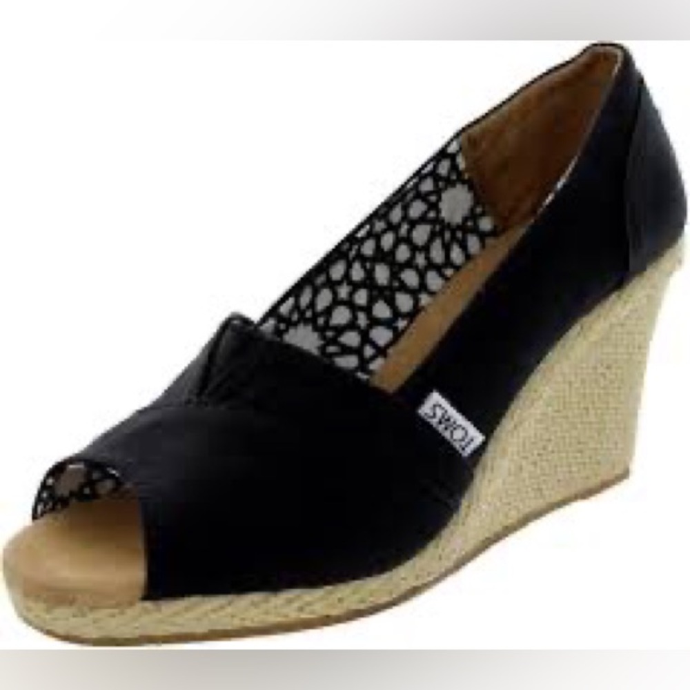 Toms Black Canvas Wedge Open Toe Shoes